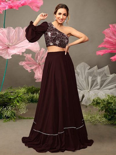 Malaika Arora Style Brown One Shoulder Top & Skirt - Inddus.in