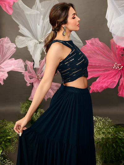 Malaika Arora Stylish Navy Blue Embellished Top with Solid Skirt - Inddus.in