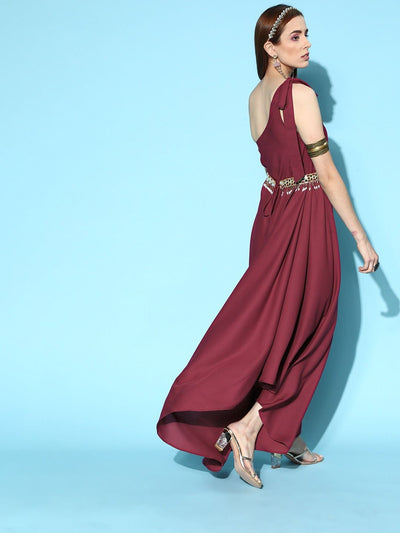 Maroon Asymmetric Gown with Mirror Embellished Belt - Inddus.in