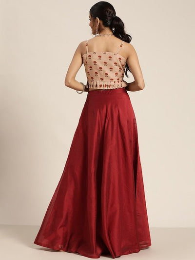 Maroon & Beige Printed Ready to Wear Lehenga with Blouse - Inddus.in
