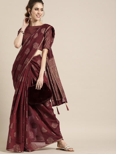 Maroon Cotton Blend Woven Design Chanderi Saree - Inddus