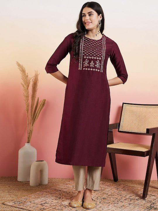 Maroon Cotton Zari Embroidered Yoke Design Thread Work Kurta