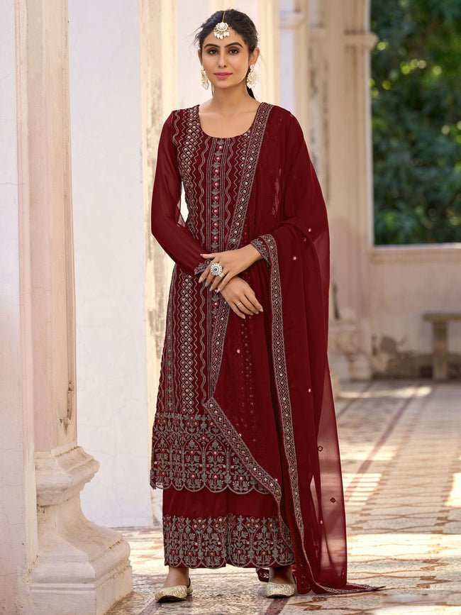 Grey and Maroon Palazzo Suit Set with Dupatta | Suit fabric, Palazzo suit,  Georgette fabric