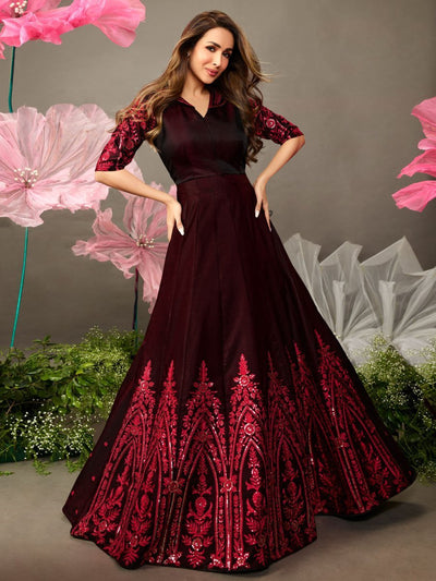 Maroon Floral Embroidered Fit and Flare Dress - Inddus.in