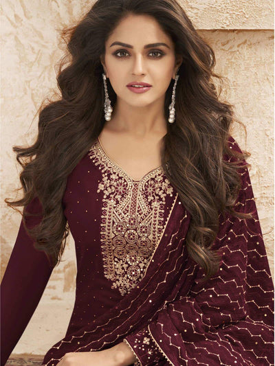 Maroon Georgette Embroidered Straight Cut Suit - Inddus