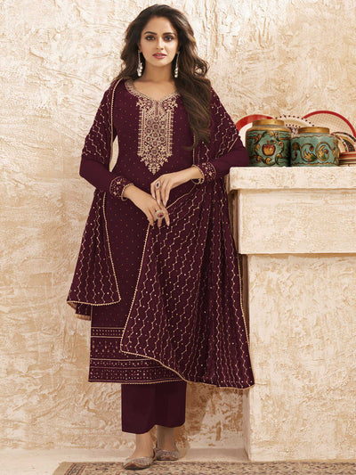 Maroon Georgette Embroidered Straight Cut Suit - Inddus