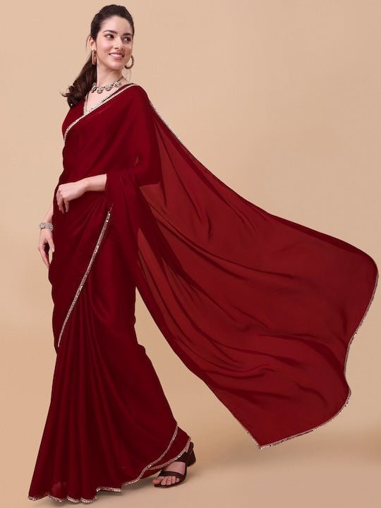 Women's Lace Plain Silk Dark Maroon Saree|SARV125582