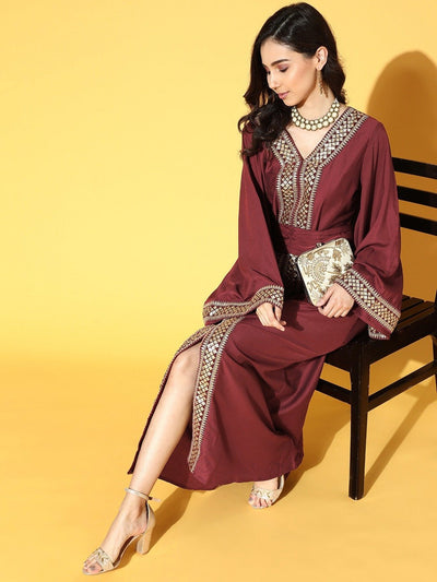Maroon & Golden Ethnic Embroidered Satin Maxi Dress - Inddus