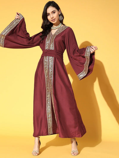 Maroon & Golden Ethnic Embroidered Satin Maxi Dress - Inddus