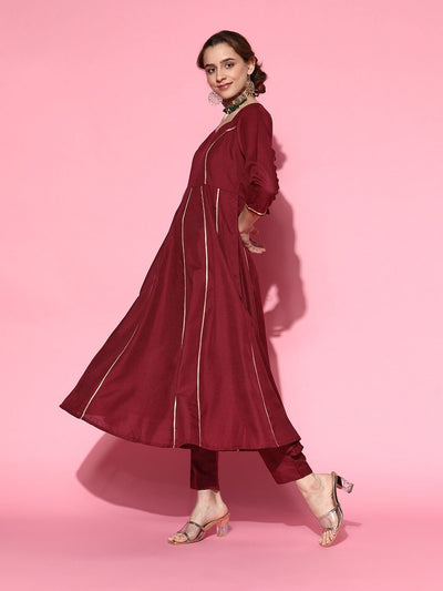 Maroon Gotta Detailing Panelled Kurta with Pants and Organza Dupatta - Inddus.in