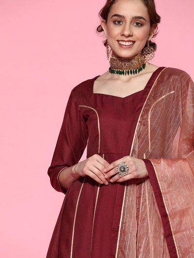 Maroon Gotta Detailing Panelled Kurta with Pants and Organza Dupatta - Inddus.in