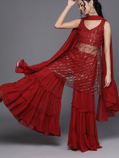 Maroon Net Partywear Embroidered Sharara Suit - Inddus