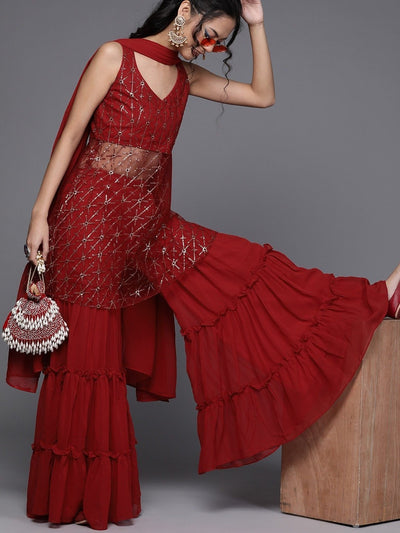 Maroon Net Partywear Embroidered Sharara Suit - Inddus