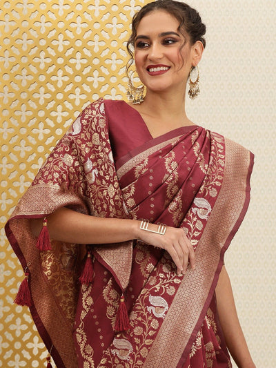 Maroon Traditional Zari Woven Design Banarasi Saree with Blouse Piece - Inddus.in