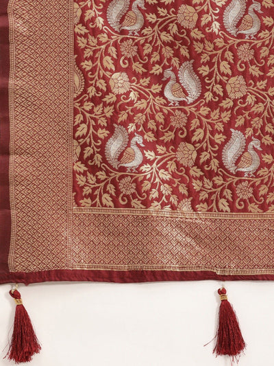 Maroon Traditional Zari Woven Design Banarasi Saree with Blouse Piece - Inddus.in
