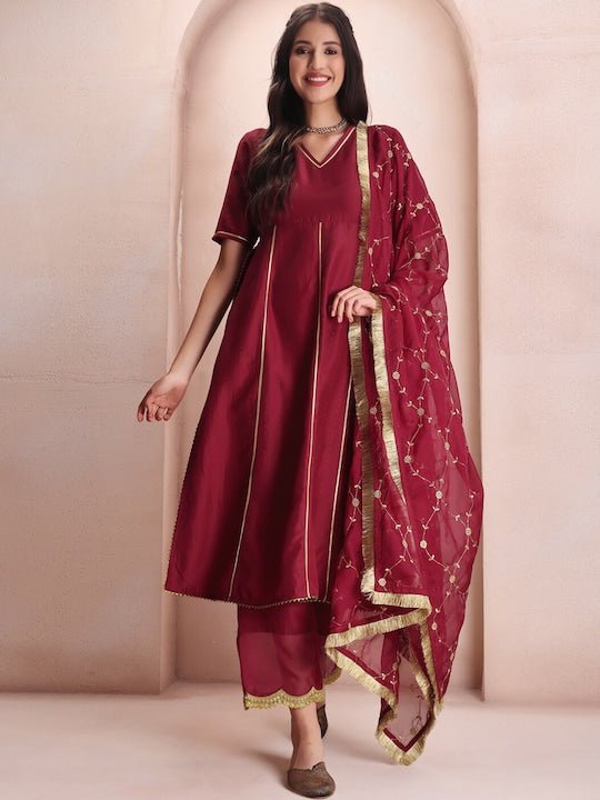 Maroon V-Neck Regular Kurta Palazzos With Dupatta–
