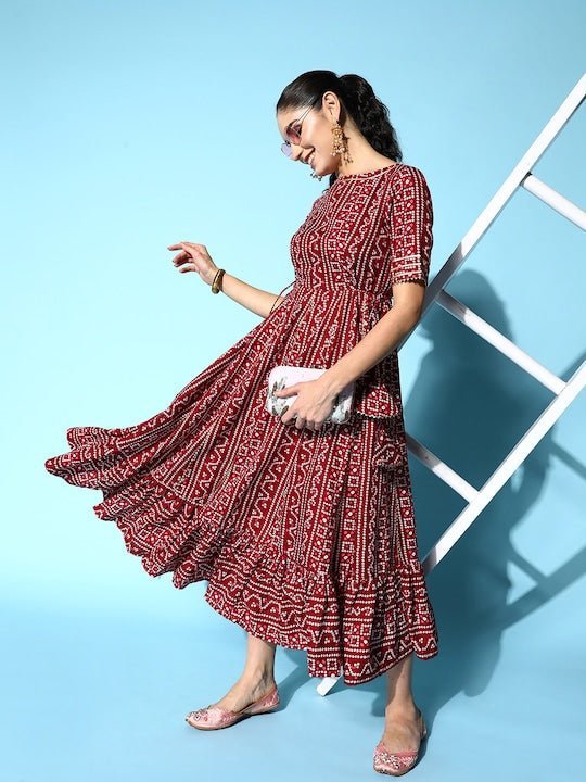 Maroon & White Boat Neck Bandhani Print Ethnic Midi Dress Inddus.in Maroon & White Boat Neck Bandhani Print Ethnic Midi Dress Inddus.in