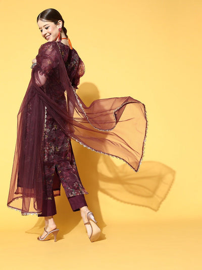 Marron Organza Floral Printed with Salwar Kameez Duppata - Inddus.in