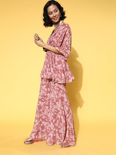 Mauve Floral Printed Kurta and Trouser with Embellished Belt - Inddus.in