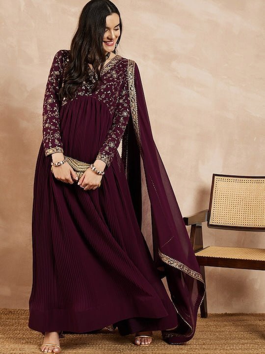 Mauve Floral Yoke Design Georgette Thread Work Anarkali Kurta With