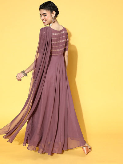 Mauve Georgette Partywear Self Design Dresses - Inddus.in