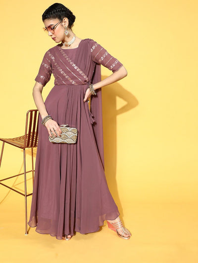 Mauve Georgette Partywear Self Design Dresses - Inddus.in