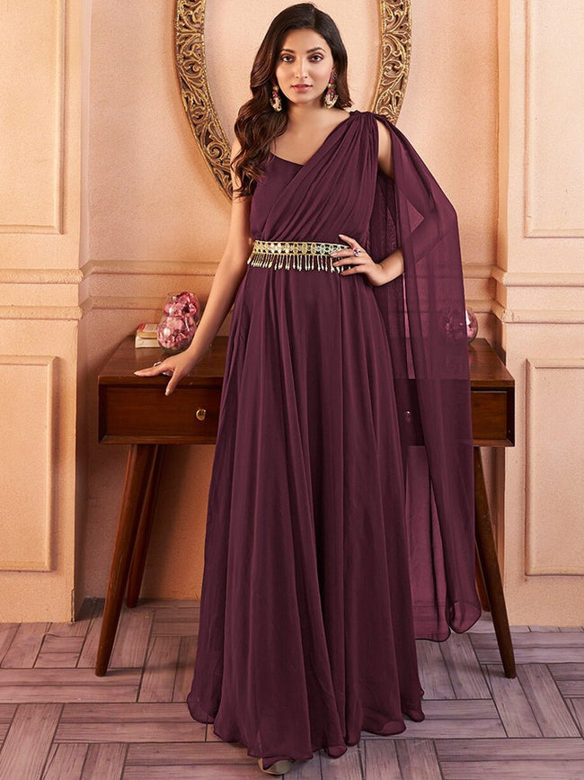 Mauve Shoulder Straps Fit & Flared Maxi Ethnic Dress With  EmbellishedInddus.in