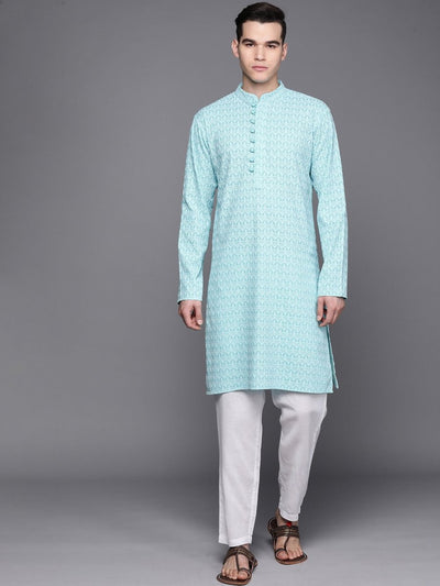 Men Blue Ethnic Motifs Embroidered Chikankari Pure Cotton Kurta with Trousers - Inddus.in