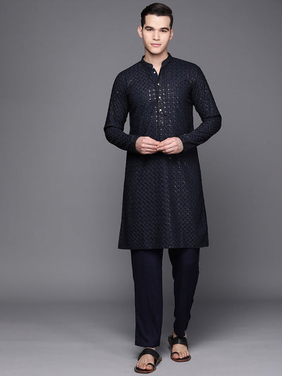 Men Navy Blue Ethnic Motifs Embroidered Chikankari Kurta with Trousers - Inddus.in