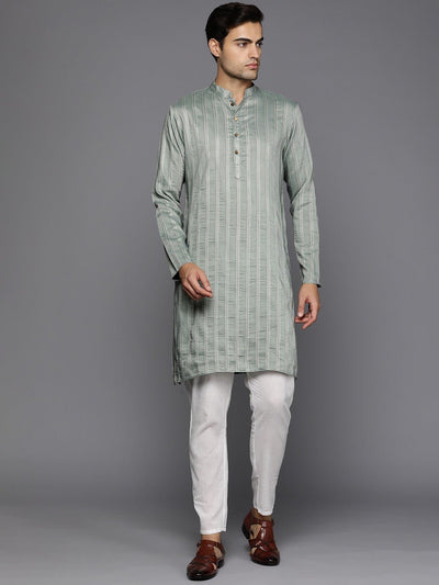 Men Woven Design Jacquard Striped Straight Long Kurta - Inddus.in