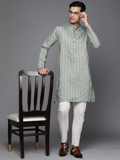 Men Woven Design Jacquard Striped Straight Long Kurta - Inddus.in