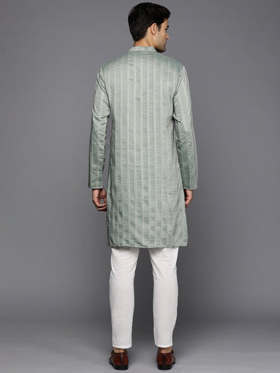 Men Woven Design Jacquard Striped Straight Long Kurta - Inddus.in