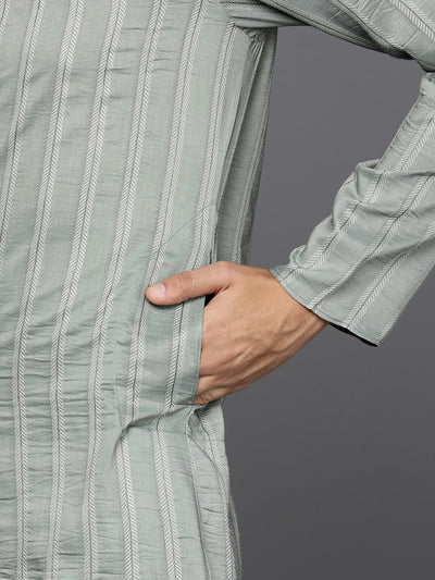Men Woven Design Jacquard Striped Straight Long Kurta - Inddus.in