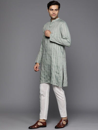 Men Woven Design Jacquard Striped Straight Long Kurta - Inddus.in