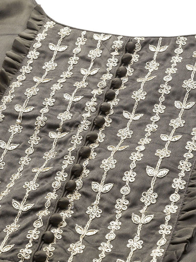Metallic Taupe Embroidered Kurta - Inddus