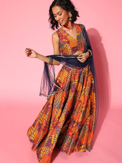 Multi Colour Woven Lehenga with Dupatta and Blouse - Inddus.in