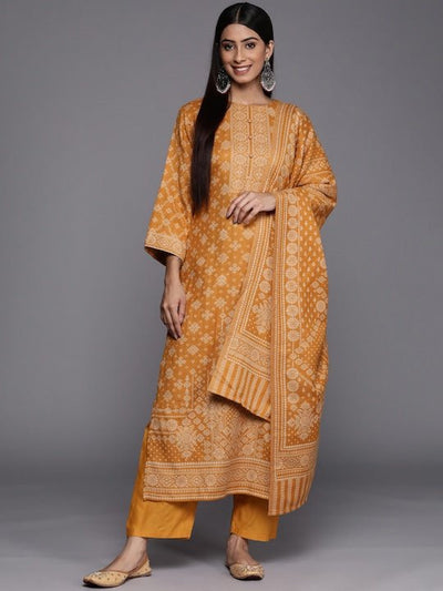 Mustard & Beige Printed Woven Pashmina Winter Wear Unstitched Dress Material - Inddus.in