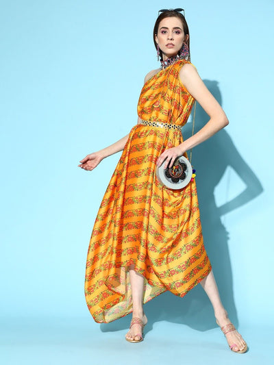 Mustard Digital Print Gown with Embellished Belt - Inddus.in