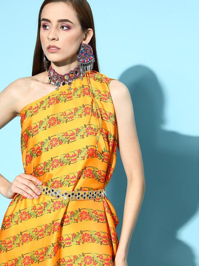 Mustard Digital Print Gown with Embellished Belt - Inddus.in