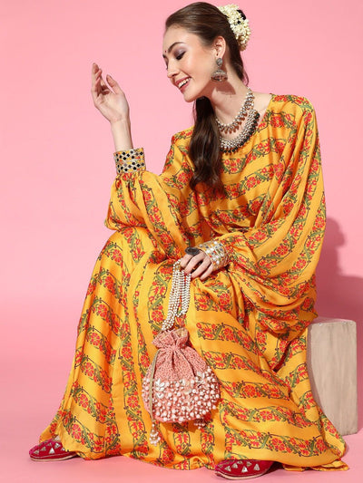 Mustard Poly Georgette Printed Clothing Set - Inddus