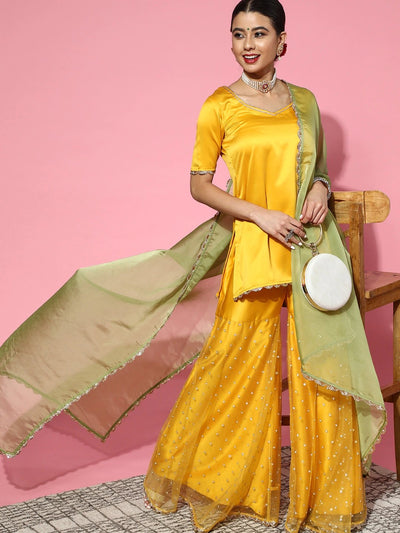 Mustard Satin Embroidered with Salwar Kameez Duppata - Inddus.in