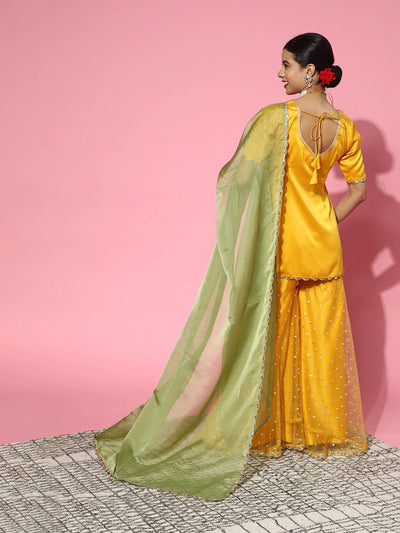 Mustard Satin Embroidered with Salwar Kameez Duppata - Inddus.in