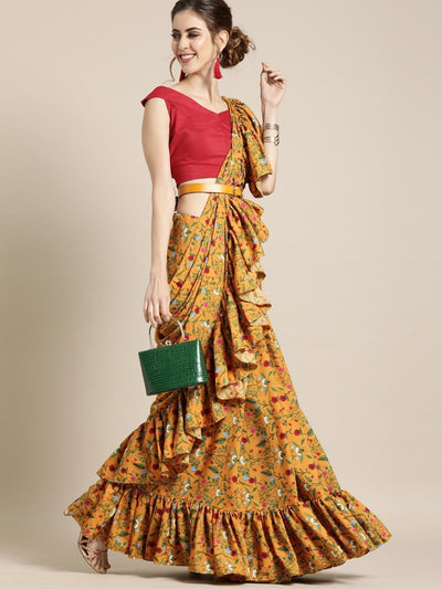 Mustard Yellow Crepe Floral Printed Ruffle Saree with Blouse - Inddus