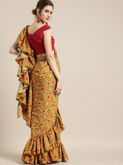 Mustard Yellow Crepe Floral Printed Ruffle Saree with Blouse - Inddus
