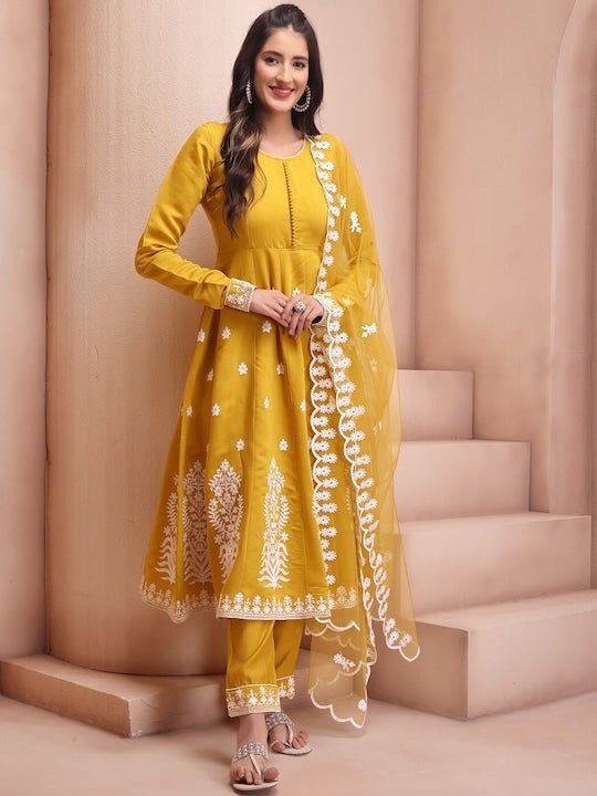 Mustard Yellow Embroidered Chanderi Cotton Anarkali Kurta & Trouser Wi Inddus.in Mustard Yellow Embroidered Chanderi Cotton Anarkali Kurta & Trouser Wi Inddus.in