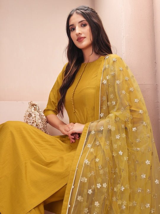 Kurtas | Mustard Yellow Kurti With Pink Embroidery | Freeup