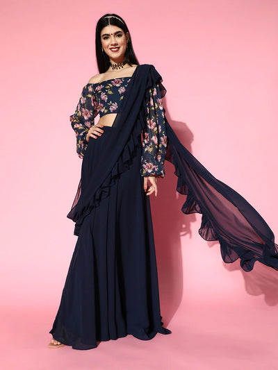 Nave Blue Lehenga Saree with Ruffle Pattern - Inddus.in