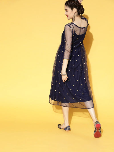 Navy Blue Embroidered Net Fit and Flare Dress - Inddus.in