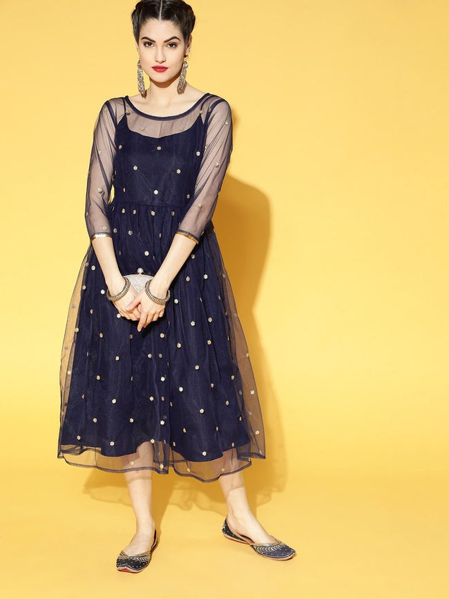 Buy Gratifying Navy Blue Embroidered Net Fit and Flare Dress
