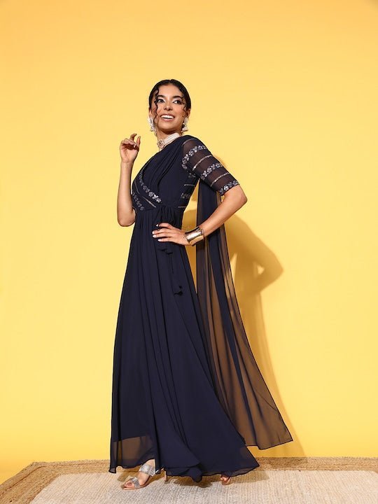 Designer Georgette Saree Gown: Perfect Panache | Bandhani dress, Designer  party wear dresses, Saree gown